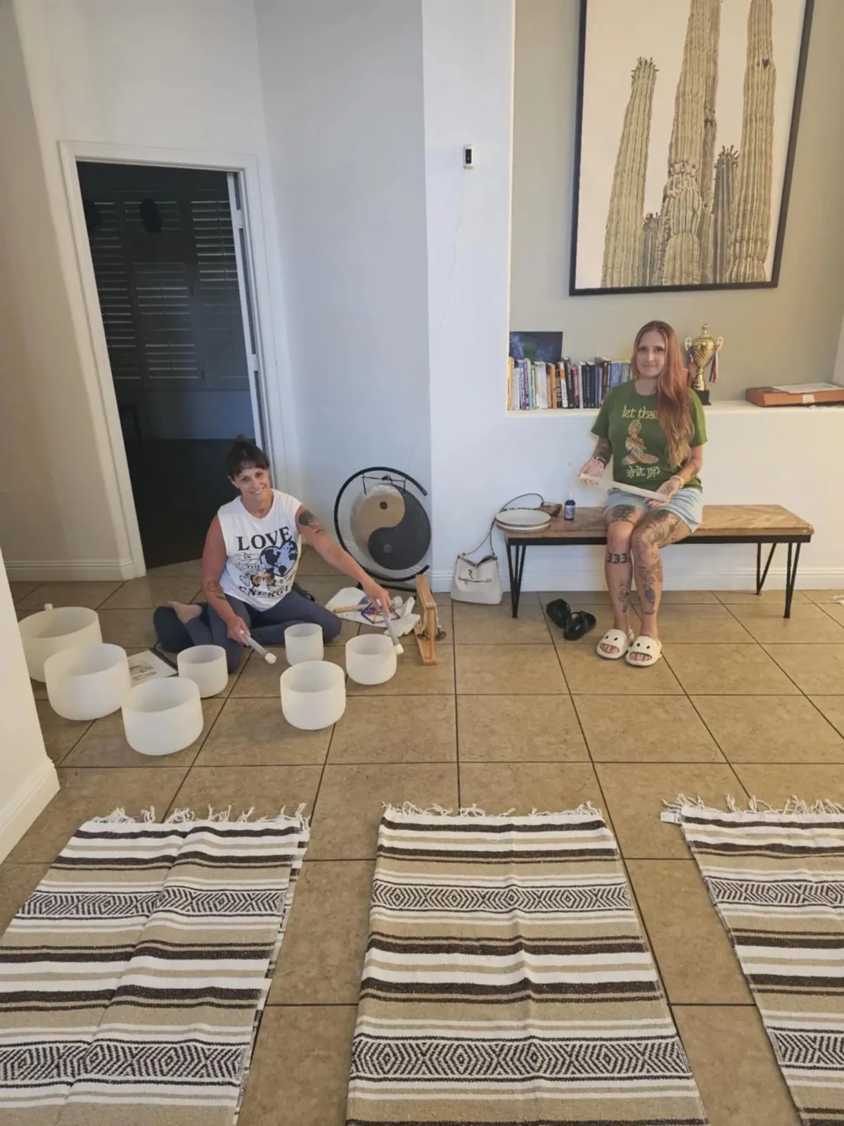 Setting up for an in-home sound healing session