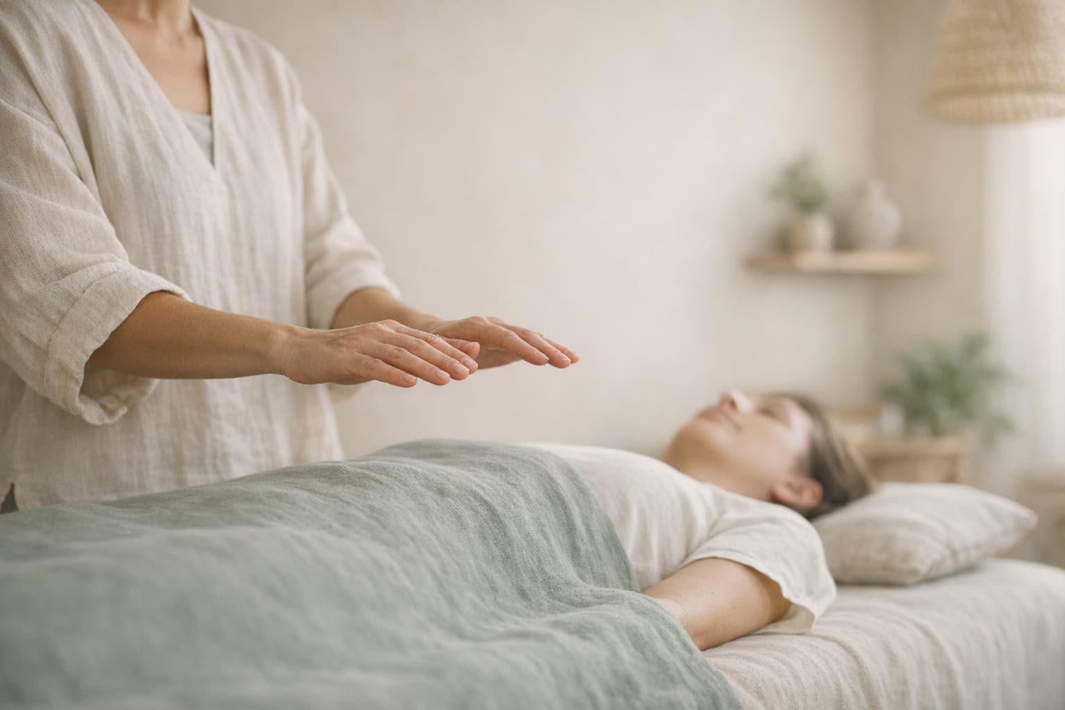 Hands and healing energy waves representing a Reiki session in Chandler, Arizona